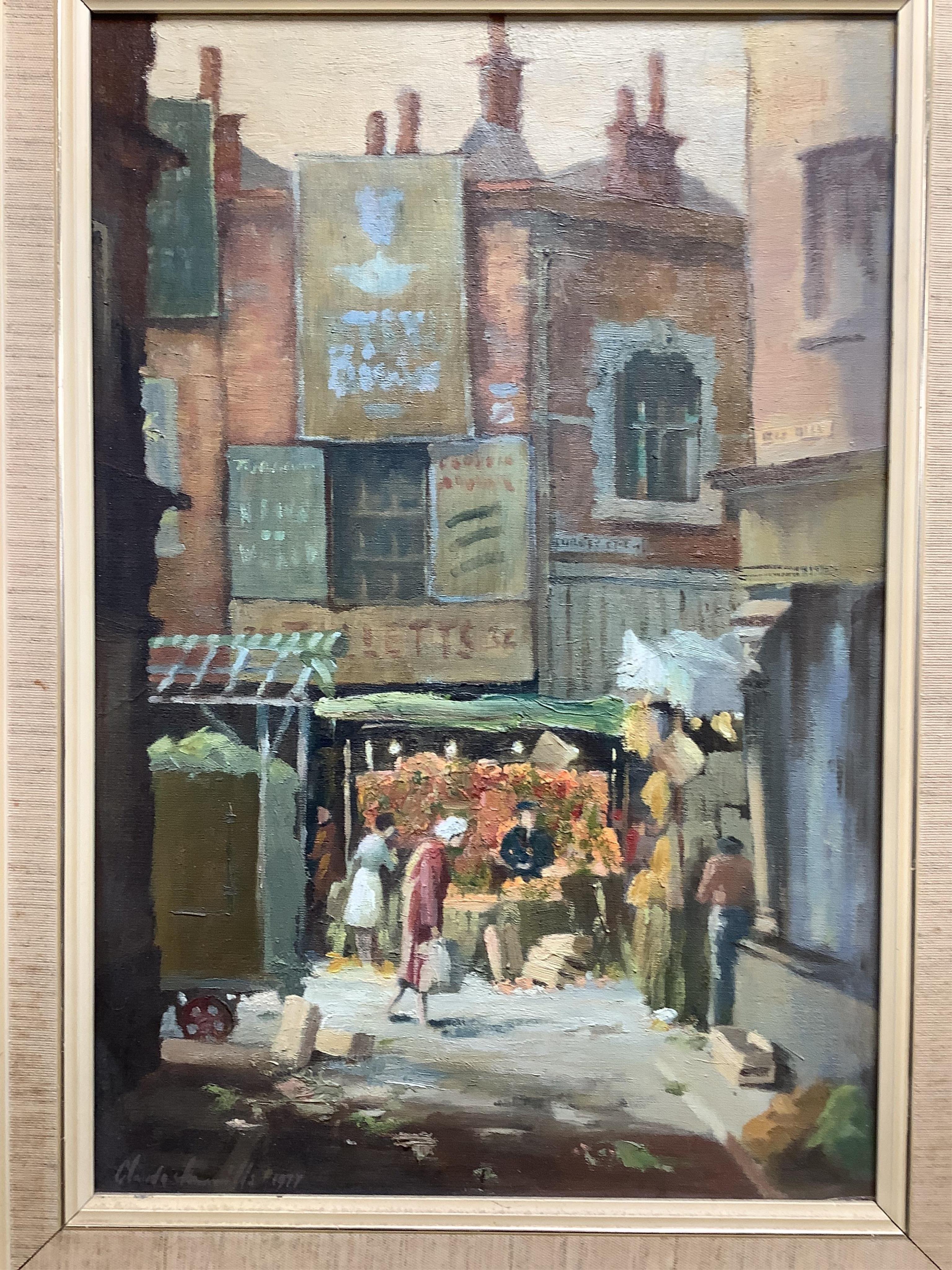 Claude Murrills (1915-2006), Croydon market scene, oil on board and coastal scene, watercolour, former 44x29cm